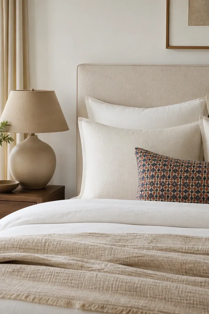The bed has solid white and cream pillows, plus one bold pillow with a small geometric pattern in muted navy and terracotta. The headboard is oatmeal linen and the nightstand lamp shade is beige.
