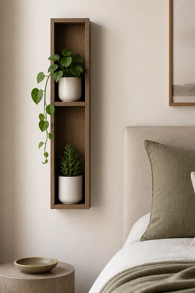 A tall narrow wall shelf holds two small potted plants in white planters. One plant is trailing slightly over the edge. The shelf is mounted beside the bed, and the surrounding wall is painted warm off-white.