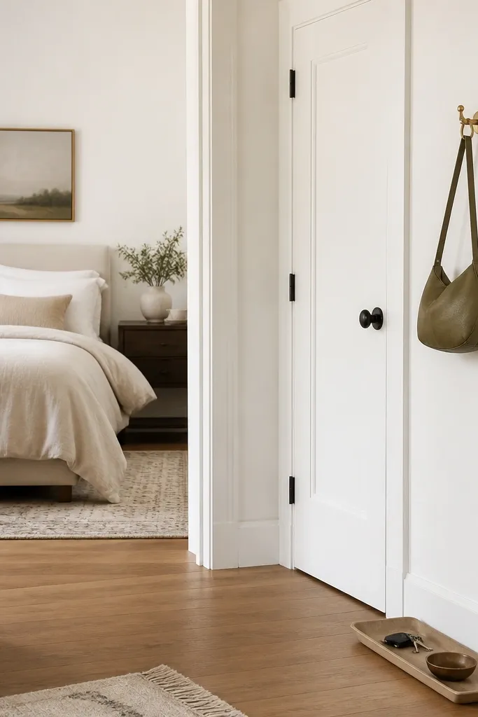 Near the bedroom door, there's a single wall hook with a small bag hanging. On a narrow console tray on the floor sits keys and a small dish. The wall is painted bright white, and the tray is a light wood or metal finish.