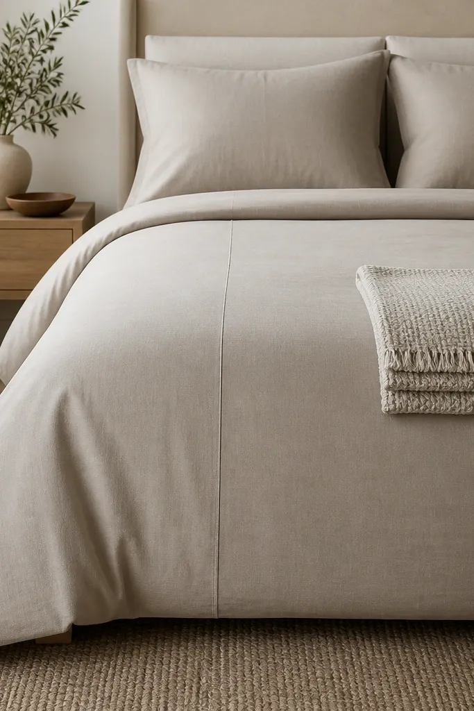 A close view of bedding shows a duvet cover with a clean front seam and a hidden button placket. The duvet looks smooth with straight edges. The pillows match and the throw blanket is folded neatly at the foot.