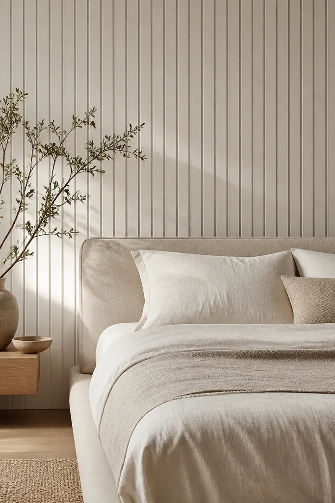 Behind the bed there's a wall section with slim vertical wood panels painted off-white. The bed has a low frame and a simple upholstered headboard cushion. Bedding is light and the wall texture shows subtle shadows.