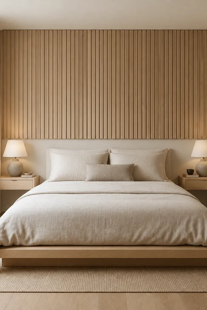 A compact bedroom with a low platform bed dressed in light oatmeal linen. Above the bed is a pale wood slat headboard panel on the wall. On both sides, slim wall-mounted nightstands with a light oak finish hold a small lamp and a book. The floor shows a thin beige area rug under the bed frame.