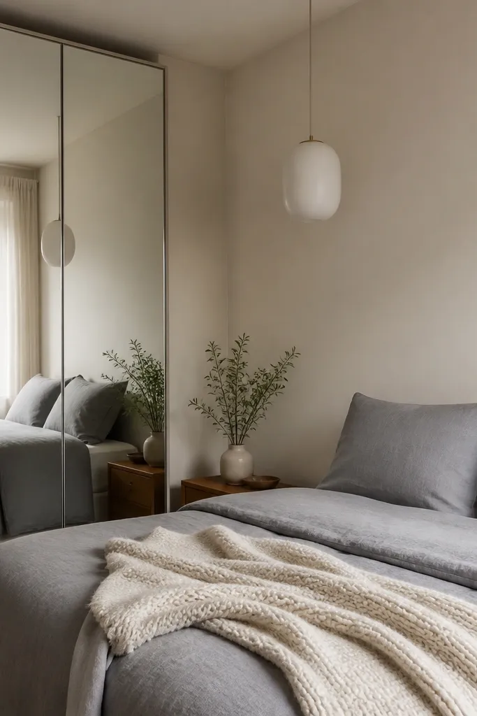 A compact bedroom corner with a tall wardrobe whose doors are full-height mirrors. The mirror reflects a window light source. The bed is dressed in soft gray duvet and two matching gray pillows, with a cream knit throw. A single white pendant hangs near the ceiling, and the walls are painted warm off-white.