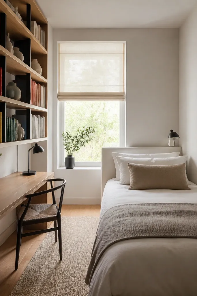 A narrow bedroom with a desk tucked along one wall. Behind it is tall open shelving with white back panels. Books are arranged by color, with a few ceramic vases. A compact task lamp sits on the desk, and the bed is pushed to the opposite wall with a simple headboard.