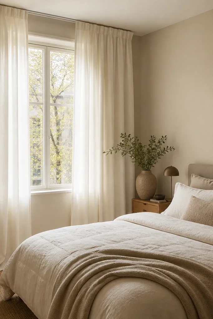 A compact bedroom with a window on one wall. Curtains hang from a ceiling-mounted rod, reaching to the floor and pooling slightly. The fabric is a soft linen blend in warm white. The bed sits beneath the curtain area with a low headboard, and the wall is painted light sand.
