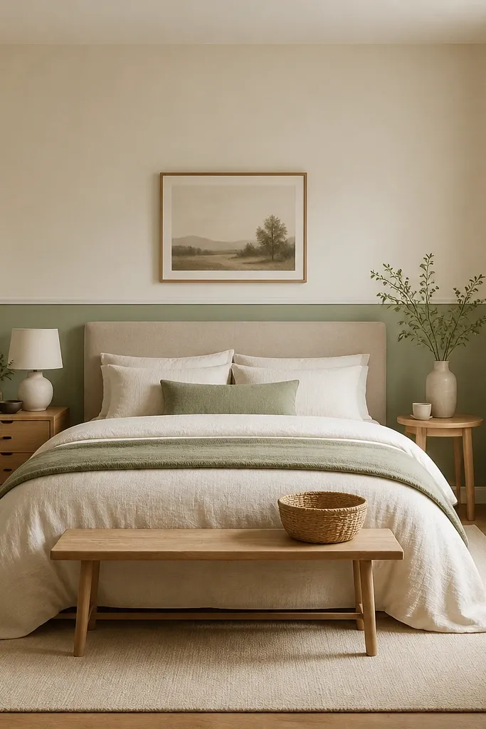 A small bedroom with walls painted warm off-white above and sage green on the lower third. The bed is centered on the wall with a light neutral headboard. A narrow white baseboard line separates the colors. A cream rug and light wood furniture keep the palette soft.
