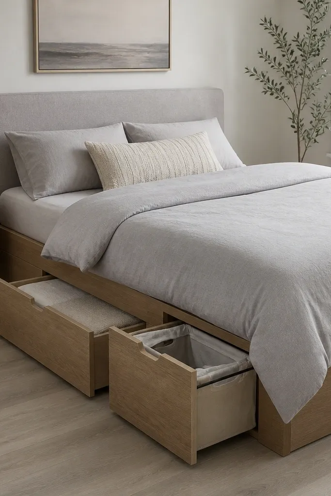 A small bedroom showing the bed frame with integrated under-bed drawers. One drawer is labeled with fabric texture, and there's a pull-out hamper compartment. The bed has a simple upholstered headboard and a light gray duvet. The floor is mostly clear, with a small bedside table that has a shallow drawer.