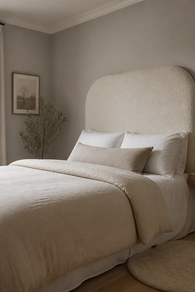 A compact bedroom with a tall, rounded boucle headboard in warm cream. One slim wall sconce is mounted on the side of the bed at eye level. The bedding is white with a beige duvet cover, and a small round rug sits next to the bed. The walls are painted light warm gray.
