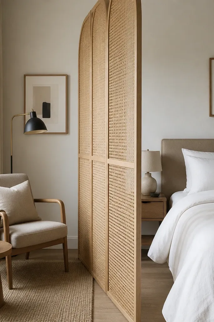 A narrow compact bedroom with a rattan panel room divider placed between the bed area and a small reading corner. The divider has a light natural finish. On the reading side is a small armchair with a light cushion and a floor lamp. The bed has white bedding and a simple wood headboard.