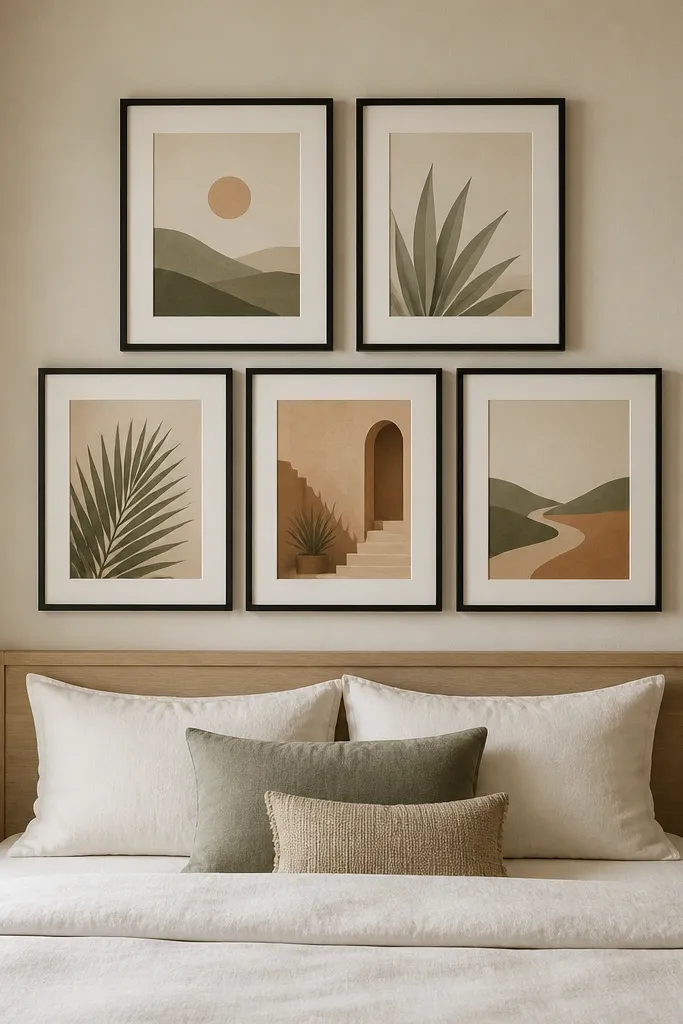 A compact bedroom wall above the bed with exactly five frames arranged in a neat grid. Frames are identical black and matte, with white mats. The prints are muted: sand, sage, and soft terracotta. The bed has a simple white duvet and a light wood headboard.
