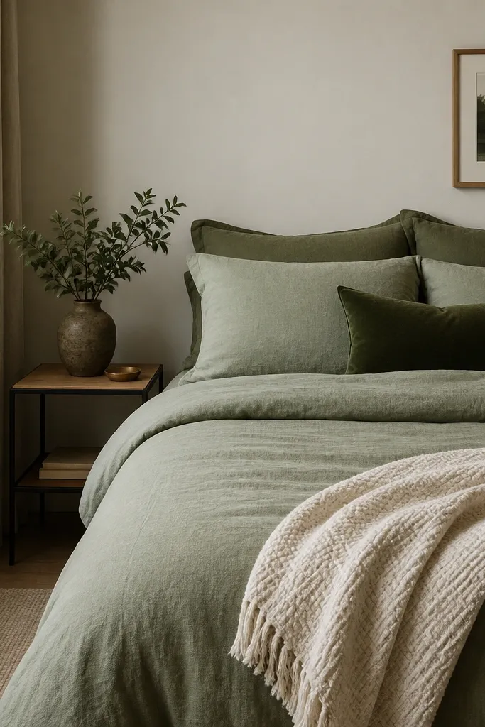 A compact bedroom with a bed dressed in shades of muted green: sage duvet, darker green pillows, and a textured off-white throw. On one side is a small nightstand with a black metal frame and a warm wood top. The wall behind the bed is pale cream.