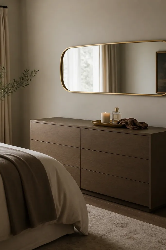 A compact bedroom with a low dresser against a wall. Above it is a long horizontal mirror with a thin gold frame. On top of the dresser sits one small tray holding a candle, a perfume bottle, and a folded scarf. The bed is slightly offset to keep a clear path.