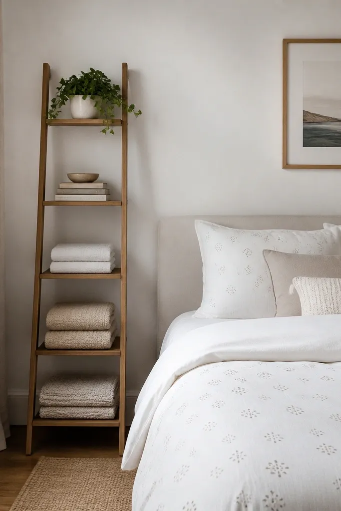 A compact bedroom with a small bed and a slim storage ladder positioned near one side. The ladder has 3-5 rungs holding folded towels, a couple of books, and a small plant. The bed has white bedding with a subtle pattern. The wall behind is painted soft white.