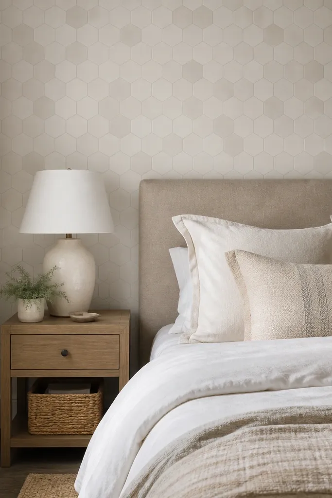 A compact bedroom with feature wallpaper behind the bed. The wallpaper has a subtle hexagon tile pattern in warm white and pale gray, not glossy. The bed has a simple upholstered headboard and neutral bedding. There's a small bedside table with a ceramic lamp and a woven basket beneath.