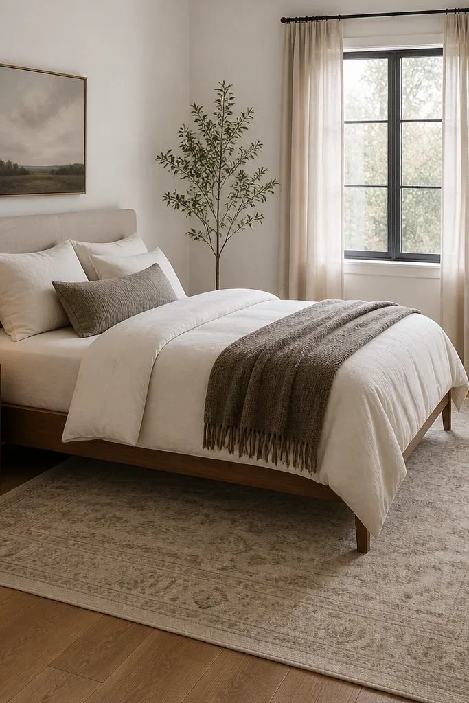 A compact bedroom with a large rug under most of the bed area. The rug is 160x230 in a low-pile neutral with a subtle pattern. The bed legs sit on the rug, and the nightstand is placed partially on the rug. The wall is painted warm white, and the chair is positioned so it doesn't overlap the rug edge awkwardly.