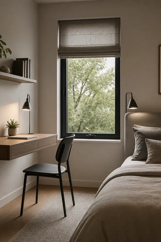 A compact bedroom with a floating desk mounted on the wall. Above it is a single wall shelf holding a small plant and a few books. A slim reading lamp hangs from the wall or desk corner. The bed is on the opposite wall with a simple headboard and a neutral duvet.