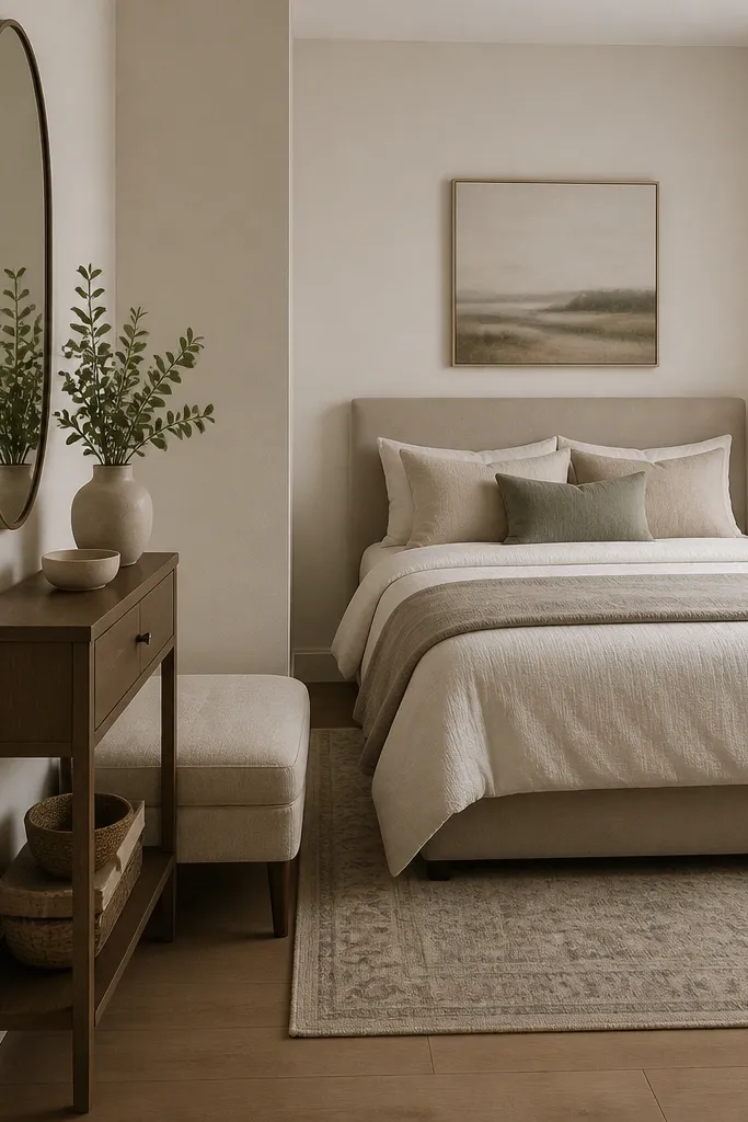 A compact bedroom layout where an entry console sits behind the door area. The console is narrow with a drawer and open shelf. A small bench is tucked beside it. The bed is placed on the main wall, and a wall mirror hangs above the console.
