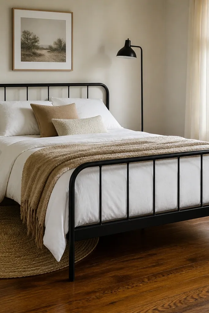 A compact bedroom featuring a black metal bed frame with thin slats. The bed is dressed in crisp white bedding and a warm beige throw. The floor is warm wood, and the room has light walls. A slim black floor lamp stands near the corner, and a small round rug sits under the bedside area.