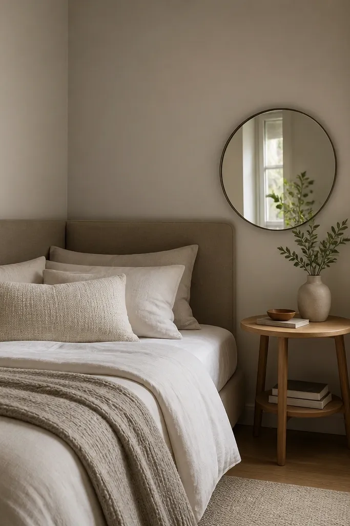 A small bedroom where the bedside table sits in the corner near the bed rather than flush beside it. The table is round or oval with a light wood top. Above it is a round mirror with a thin frame. The bed has a corner headboard style and neutral bedding.