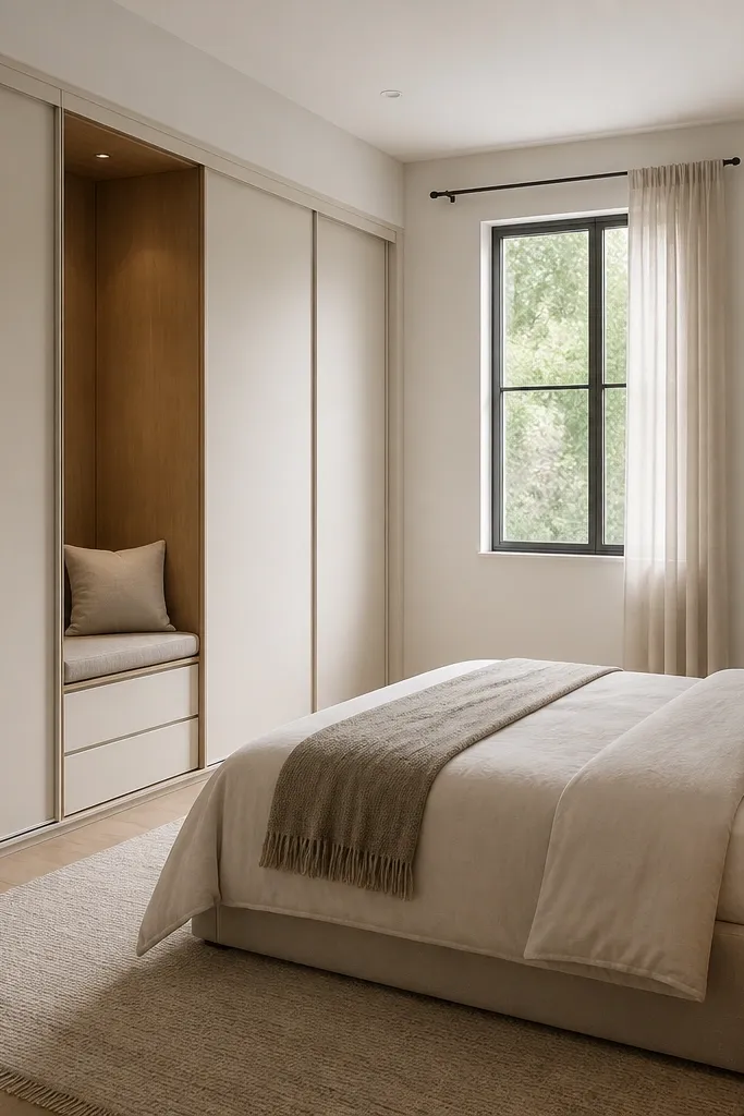 A compact bedroom with a wardrobe wall using sliding doors in a light matte finish. Between the doors is a recessed bench area with a cushion. The bed sits opposite, and the walls are painted soft white. The floor is clear with a neutral rug and minimal decor.