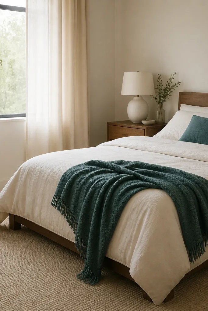 A compact bedroom with monochrome neutrals. Walls are warm off-white, bedding is cream, and the rug is a light beige. Furniture is warm wood with simple lines. A single accent color appears only in a teal throw and one matching pillow. There's a white lamp with a linen shade.