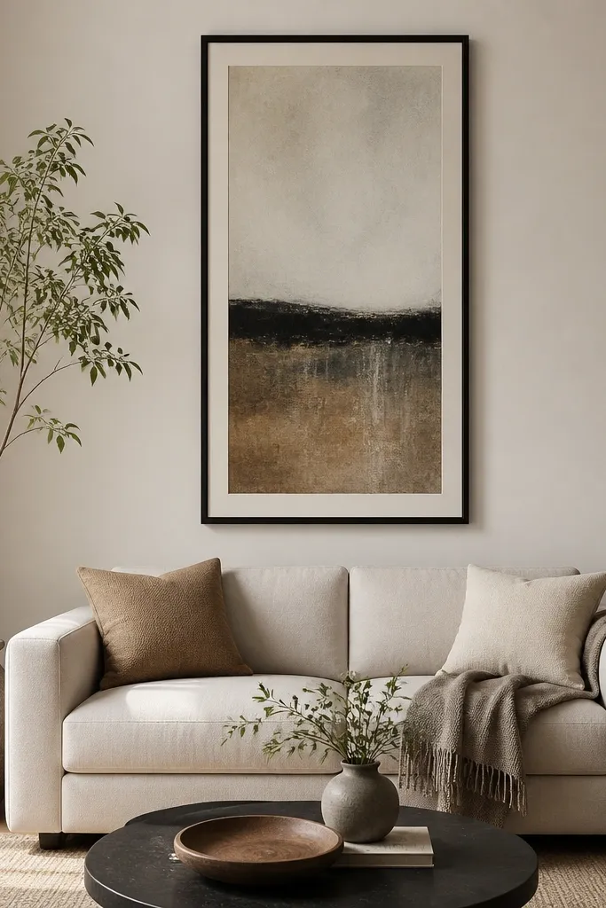 A modern living room with a compact sofa. Behind it is one tall framed artwork centered on the wall, with the frame edges in matte black and a light neutral mat. The bottom edge of the artwork sits about 2 inches above the sofa back cushion line, and there are no other wall objects.