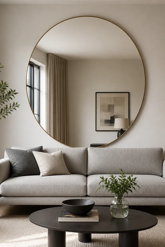 A small modern living room. A rounded mirror with a thin brass rim is centered on the wall behind the sofa. The mirror is large, reaching from above the sofa back to near the ceiling, and the sofa is light gray with dark legs. No other decor fills the wall.