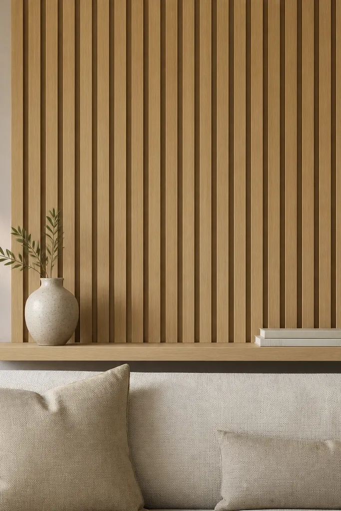 A modern sofa back wall with vertical light oak slats. The slats are evenly spaced and run from near the base of the wall to above the sofa back height. A simple floating ledge in the same wood tone runs beneath the slats, holding one ceramic vase and a stack of books.