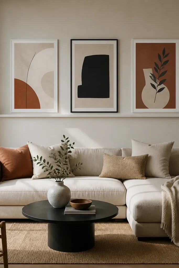 A small modern living room. Behind the sofa is a narrow horizontal picture ledge at about 60 inches from the floor. Three slim frames sit evenly spaced above the ledge area, with the frames in white and black, and the art uses muted neutrals and one terracotta accent.