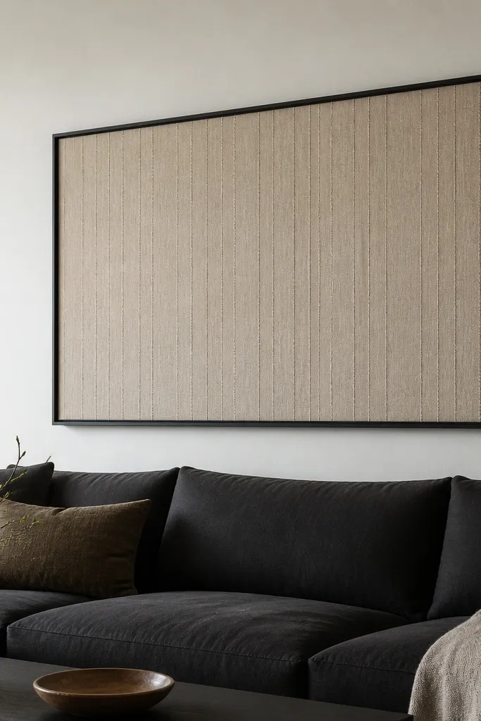 A sofa back wall with a large linen-textured wall hanging stretched in a simple black frame. The linen is a warm oatmeal color with subtle vertical stitching. The sofa is dark charcoal, and the wall around the piece is painted matte white.