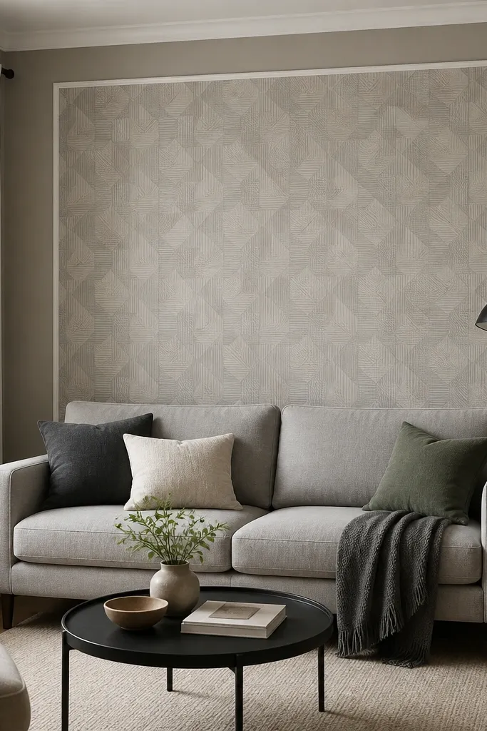 A small modern living room. The wall behind the sofa has a wallpaper panel in a muted geometric pattern. The wallpaper is contained by a thin white border trim, creating a rectangle. The sofa is light gray, and the rest of the wall is solid matte paint.