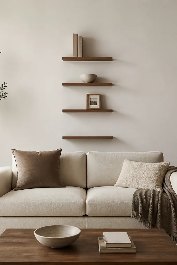 A narrow row of floating shelves centered behind a modern sofa. The shelves hold a few objects: two books with muted covers aligned vertically, one ceramic bowl, and one small framed photo. The wall is painted a soft warm white.