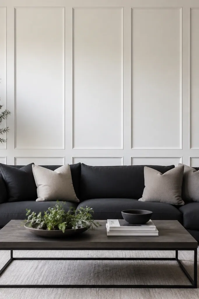 A modern living room with wall molding panels behind the sofa. The wall has a grid pattern of rectangular recessed sections in matte white. The sofa is black or dark gray, and the molding creates subtle shadows that show depth.