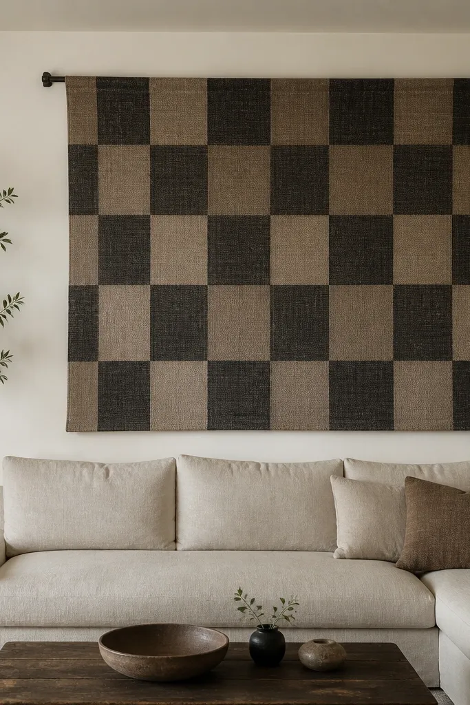 A living room sofa back wall with a large textile hanging. It looks like a checkered rug in muted taupe and charcoal, hung flat with a simple rod. The sofa is a light neutral, and the wall is painted warm white.