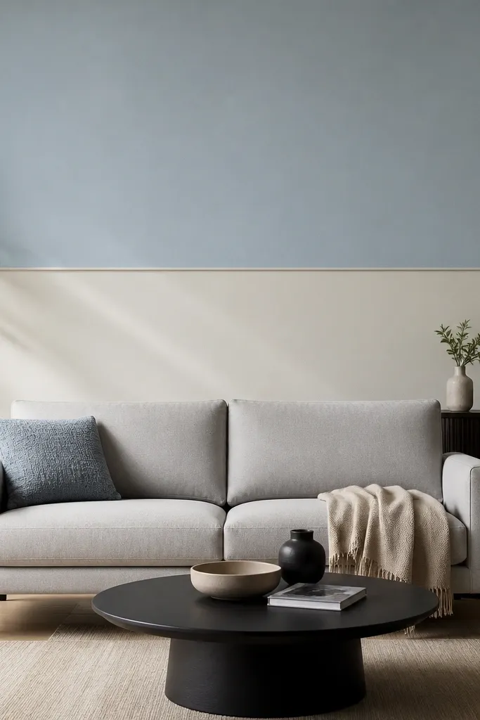 A sofa back wall with two horizontal paint bands. The top band is a soft muted blue, the bottom band is a warm off-white. A thin shadow line or narrow trim separates the bands. The sofa is light gray with black legs.