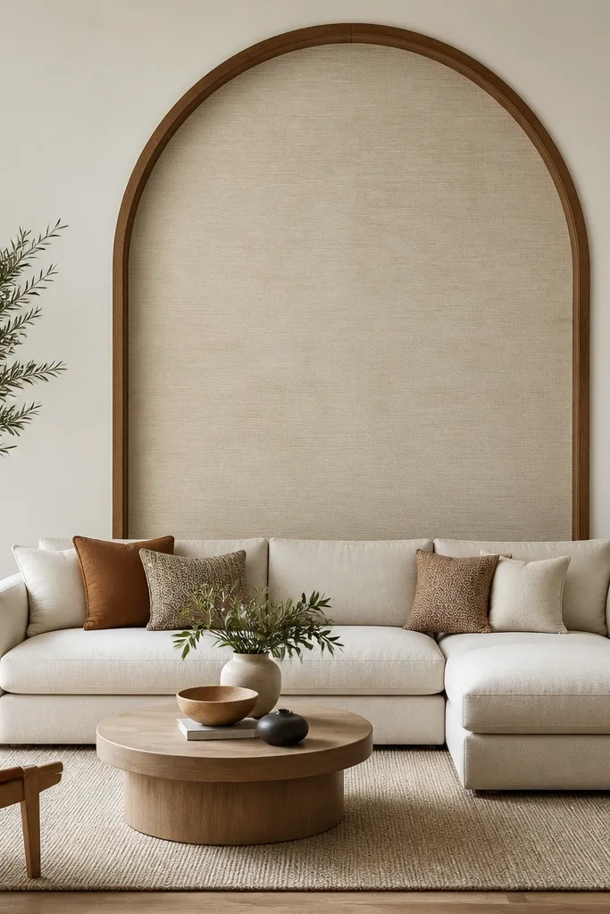 A modern living room where the wall behind the sofa includes an arch-shaped panel framed in warm wood. The arch rises above the sofa back and is centered behind the couch. The panel inside is a light textured material, and the rest of the wall is painted matte white.