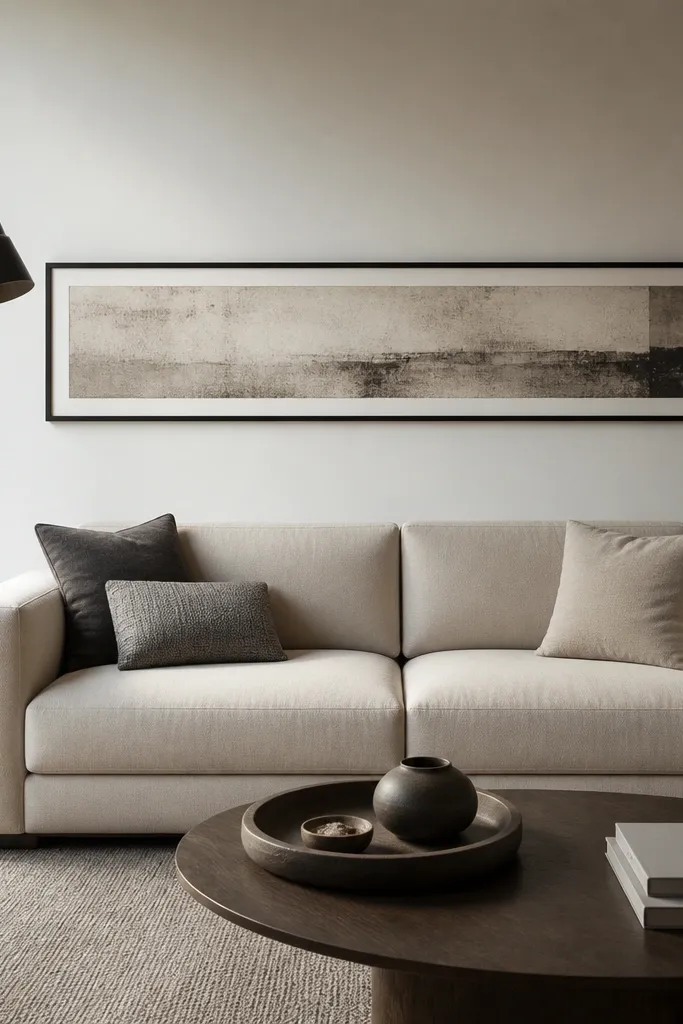A small modern living room. Behind the sofa is a long horizontal framed print strip, wider than the sofa, with a slim black frame. Below it, there is no shelf, but the sofa styling includes two matching items: a low tray and a floor lamp that aligns visually with the art height.