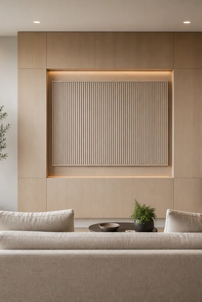 A modern living room with a wall-mounted TV. When the TV is off or covered, the wall shows a decorative panel surround in light wood with a recessed niche. The sofa is small and positioned directly in front. Minimal decor sits on each side.