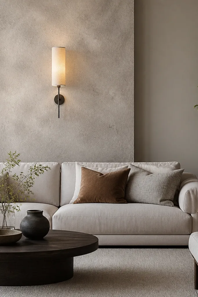 A modern living room with a textured micro-plaster wall behind the sofa. The texture is subtle and light, almost like warm concrete. One slim wall sconce with a fabric shade is centered above the sofa back. The rest of the wall is smooth matte paint.