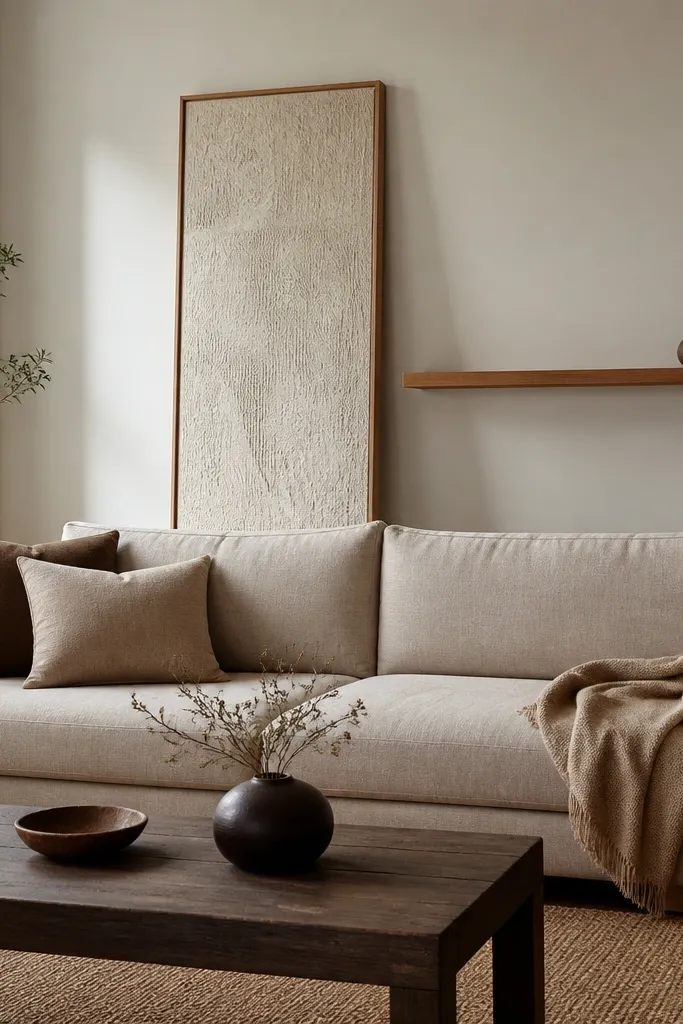 A small living room with a floating picture shelf behind the sofa. On the shelf is one small object. Leaning against the wall on the sofa's back wall is a tall vertical panel art piece with a light wood frame and a neutral textured surface.