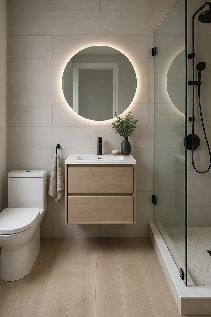 A small full bathroom with a 24-inch floating vanity centered on the long wall, matte black faucet, and a frameless glass corner shower with a clear panel. Pale warm-gray 2x8 wall tile runs horizontally, and the floor is large-format light oak-look porcelain. A round backlit mirror hangs above the vanity, and a small niche is visible inside the shower.