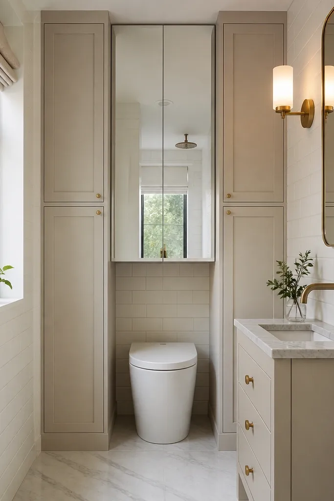 A compact bathroom where the toilet sits in a shallow recess between two built-in cabinets. The vanity is a narrow 18-inch console with drawers, topped with a slim stone slab. The wall has white subway tile, a tall mirror cabinet spans above the toilet recess, and a small wall sconce lights the mirror.