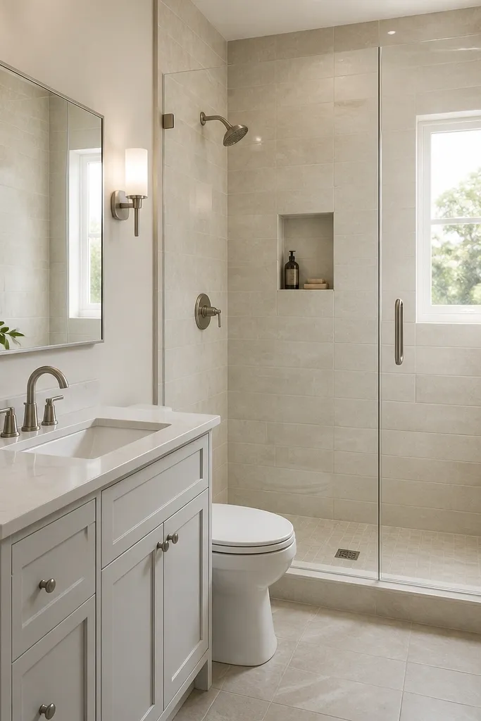 A small full bathroom showing a former 60-inch tub now converted to a shower. The shower has a low-profile curb, a frameless glass door, and the same wall tile continues uninterrupted from floor to ceiling. A long mirror spans above a 30-inch vanity, and the floor tile matches the shower threshold.