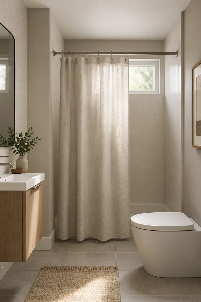 A small bathroom with a 20-inch floating vanity on one short wall and an offset toilet tucked slightly toward the opposite corner. A rectangular mirror is mounted above the vanity, and the shower is at the back with a curtain track. The walls are painted a soft greige, with a glossy white tile band behind the mirror.