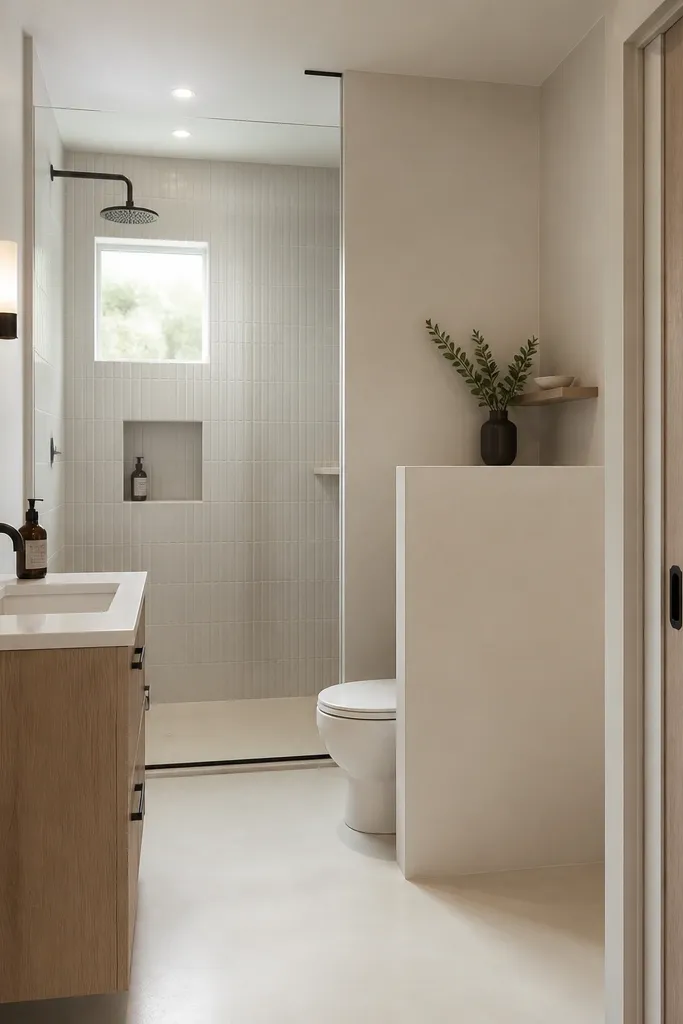 A small full bathroom with a pocket door on the right wall. The shower is at the back left with a glass panel and a fixed niche. A 24-inch vanity sits on the opposite wall, and the toilet is tucked behind a partial wall with a small corner shelf. The floor is matte white microcement-look porcelain.