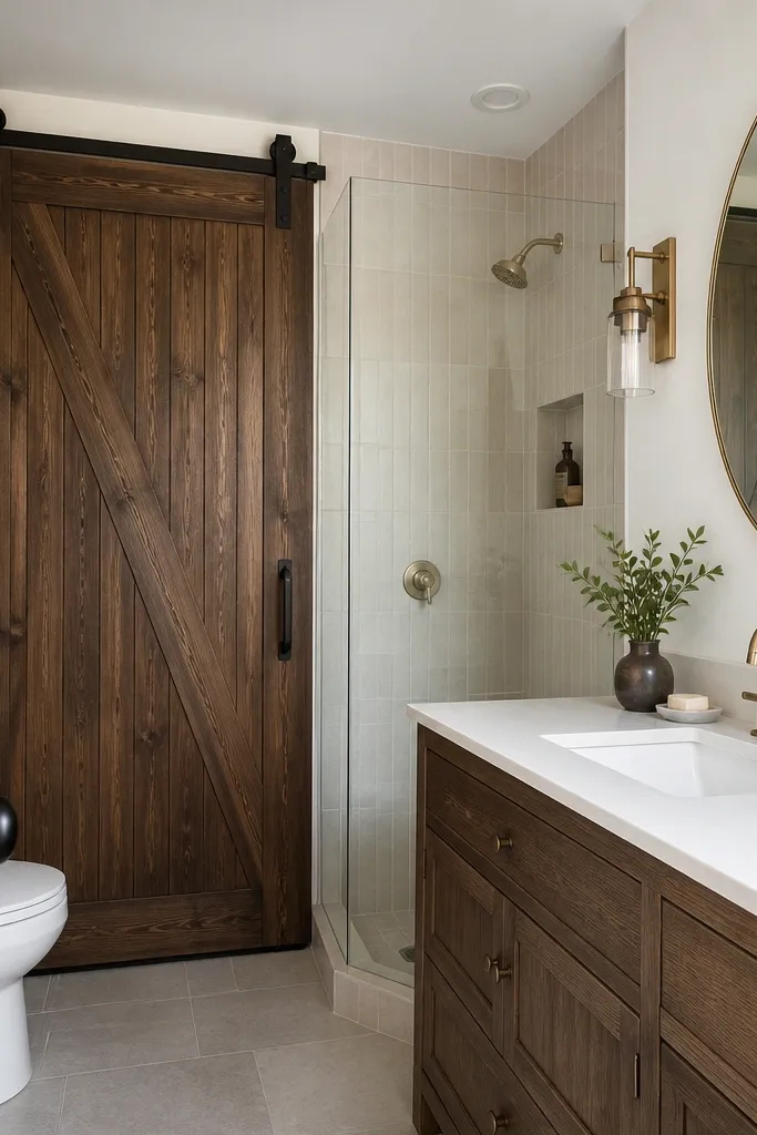 A compact bathroom with a sliding barn door in stained walnut over the wall area where the toilet sits. The vanity is opposite with a white quartz top and brushed brass faucet. The shower is in the corner with a clear glass panel, and there's a large oval mirror above the vanity.