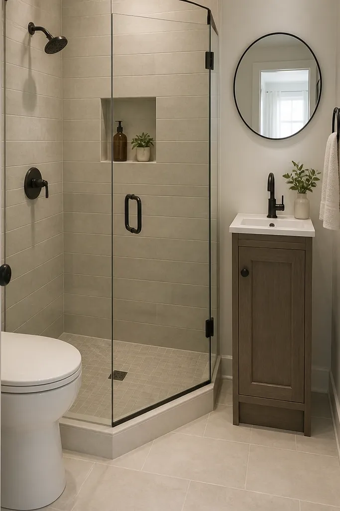 A small bathroom where the shower is built with a diagonal entry line, using a 36-inch square footprint. The glass panel is angled slightly, and the remaining wall has a narrow 20-inch vanity. The tile has a subtle diagonal pattern in the shower floor, and the mirror is a simple round one.