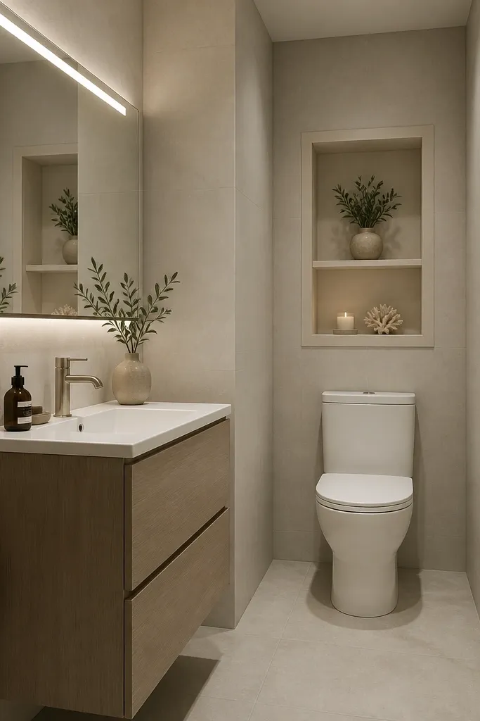 A small full bathroom with a 30-inch vanity along a long wall and a toilet set slightly back into a recessed wall plane. The walls are covered in light matte porcelain, and the toilet area has a framed niche above the tank. A large rectangular mirror spans over the vanity with a simple LED strip.