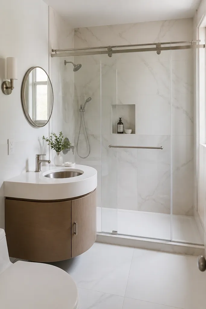 A tight bathroom with a corner vanity in a rounded shape, white top and brushed nickel sink. The shower runs straight along the back wall with a sliding glass door. Two mirrors appear: one small round mirror above the corner vanity and a long mirror on the adjacent wall. The tile is white with subtle gray veining.