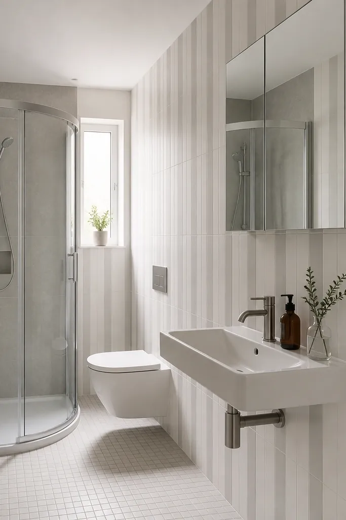 A small bathroom where everything is on one long wall: a wall-mounted sink with a slim faucet, a mirror cabinet above, and a toilet at the far end with a small flush plate. The shower is a corner unit with a sliding door. The wall has vertical tile stripes in white and pale gray, and the floor is small square porcelain.